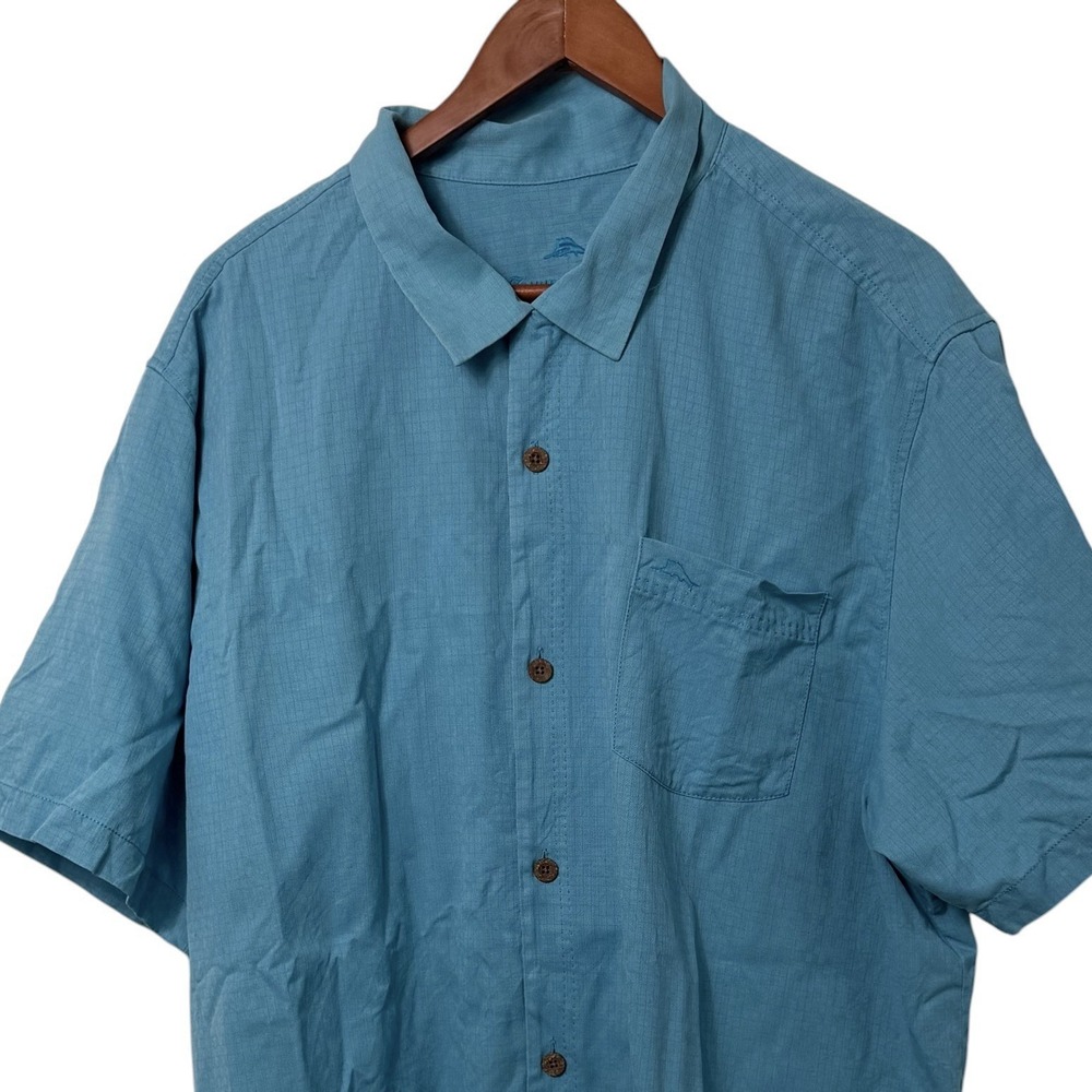 Tommy Bahama Silk Blend Button Up Shirt Mens XXL Blue Short Sleeve Pocket